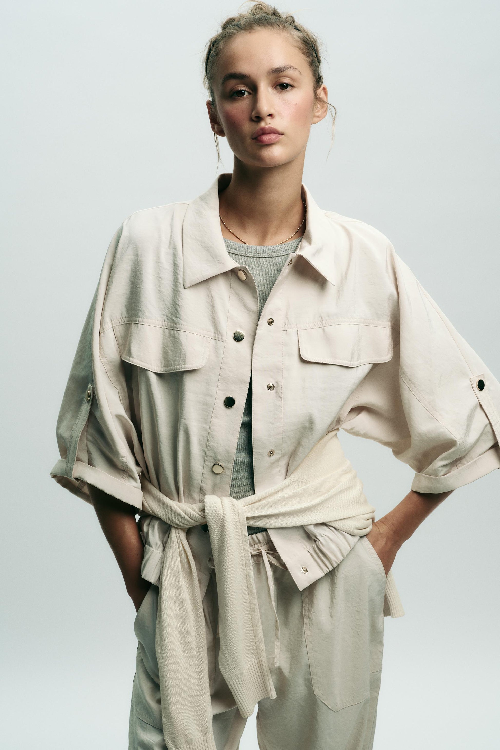 Camicia in popeline di cotone da donna con colletto a revers e maniche lunghe, collezione ZW